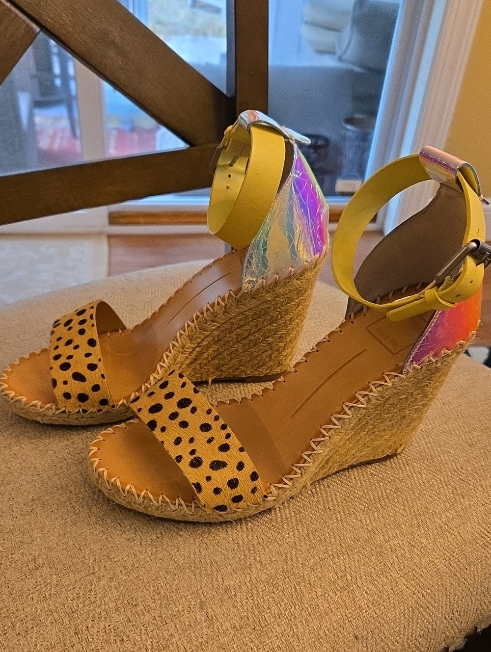 Dolce Vita Yellow Ankle-Strap Wedge Sandals with Leopard Toe and Iridescent Heel